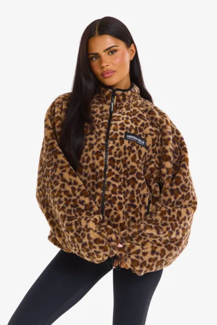 Hidden Hills Fleece Zip-up Jacket With Leopard Print