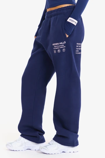 Hidden Hills Label Straight-Leg Sweatpants Navy/Light Pink
