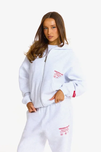 Hidden Hills Label Zip Hoodie Light Grey/Red