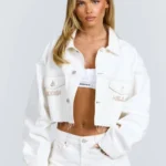 Hidden Hills Logo Stitch Cropped Denim Jacket Off-White