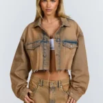 Hidden Hills Logo Stitch Cropped Denim Jacket Vintage Wash