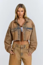 Hidden Hills Logo Stitch Cropped Denim Jacket Vintage Wash