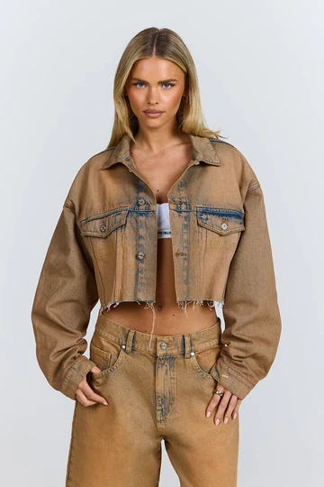 Hidden Hills Logo Stitch Cropped Denim Jacket Vintage Wash